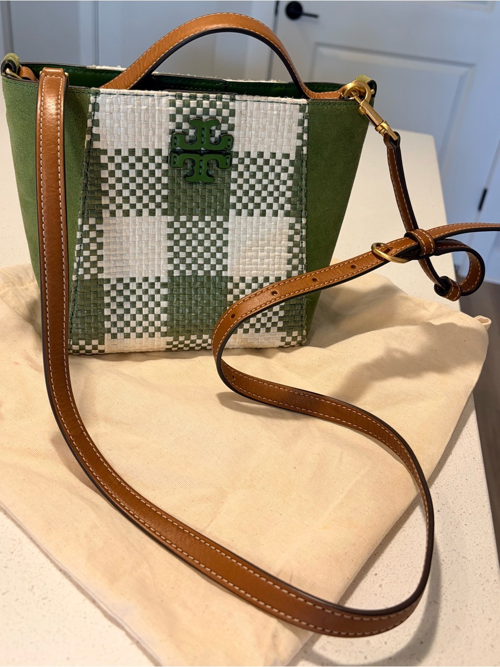 Tory Burch Green, White & Tan Woven Check Crossbody